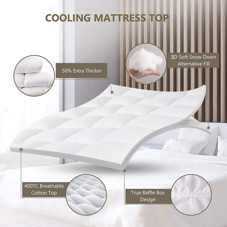 INGALIK Queen Mattress Topper, Extra Thick Cooling Mattress Pad Cover,  400TC Cotton Pillow Top Protector with 8-21 Deep Pocket, Soft 5D Spiral  Fiber Padding for Back Pain, White 