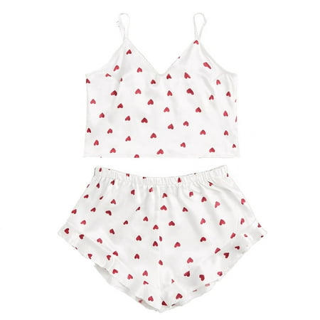 

Gzztg Pajamas for Women Heart Print Satin Camisole Pajamas Ruffled Flounce Shorts Lingerie Set