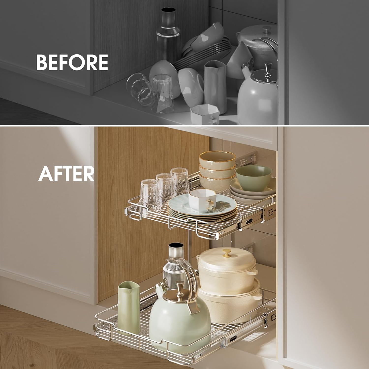 ORDORA 2 Tier Pull Out Cabinet Organizer, Heavy Duty Shelves for Kitchen Bathroom, Slide Out Chrome Steel Shelf Organizer