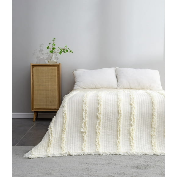 Couvertures Ultra Douces Pré-Lavées Matelassées Boho Crème Taille Grand pour Lit, Jeté Décoratif à Franges à Volants, Couverture Chic Rustique Lavée à la Pierre pour Canapé Lit, 90 Pouces"*90 Pouces"