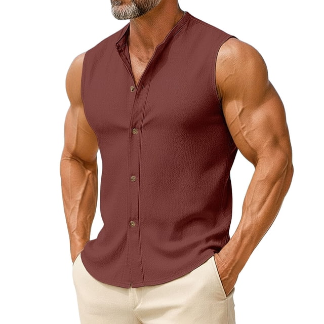 Eryao Men's Sleeveless Henley Vest Button Down Linen Shirts Soft Lightweight Solid Workout Basic Tank Tops,Red,M