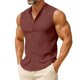 thumbnail image 1 of Top de Hombro Frío Camisa de Lino de los Hombres sin Mangas Cuello Redondo Color Sólido Botón Básico Delantero Top de Vacaciones Casual, 1 of 6