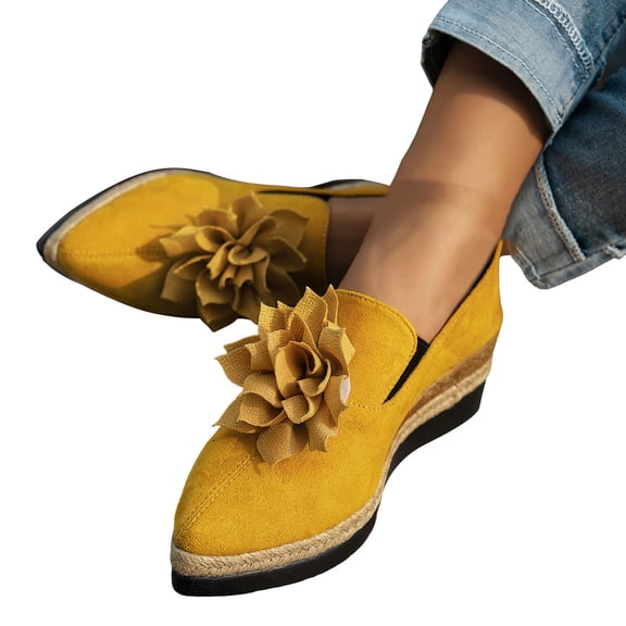 Rokment Womens Flower Espadrilles Platform Wedge Ballet Flat Dress Shoes Boho Vintage Pointed Toe Chunky High Heel Slip on Oxfords Casual Loafers 2026 Spring Fall for Ladies A Size 6