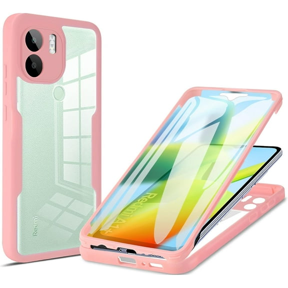 Slim Case for Xiaomi Redmi A1 Plus (Not A1) with Screen Protector, Full Body Clear Soft TPU Rugged Bumper Case Shockproof Phone Cover for Xiaomi Redmi A1 Plus QC Pink