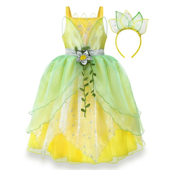 Deluxe Princess Tiana Costumes Little Girls Dress Kids Fancy Gown Cosplay Halloween Party