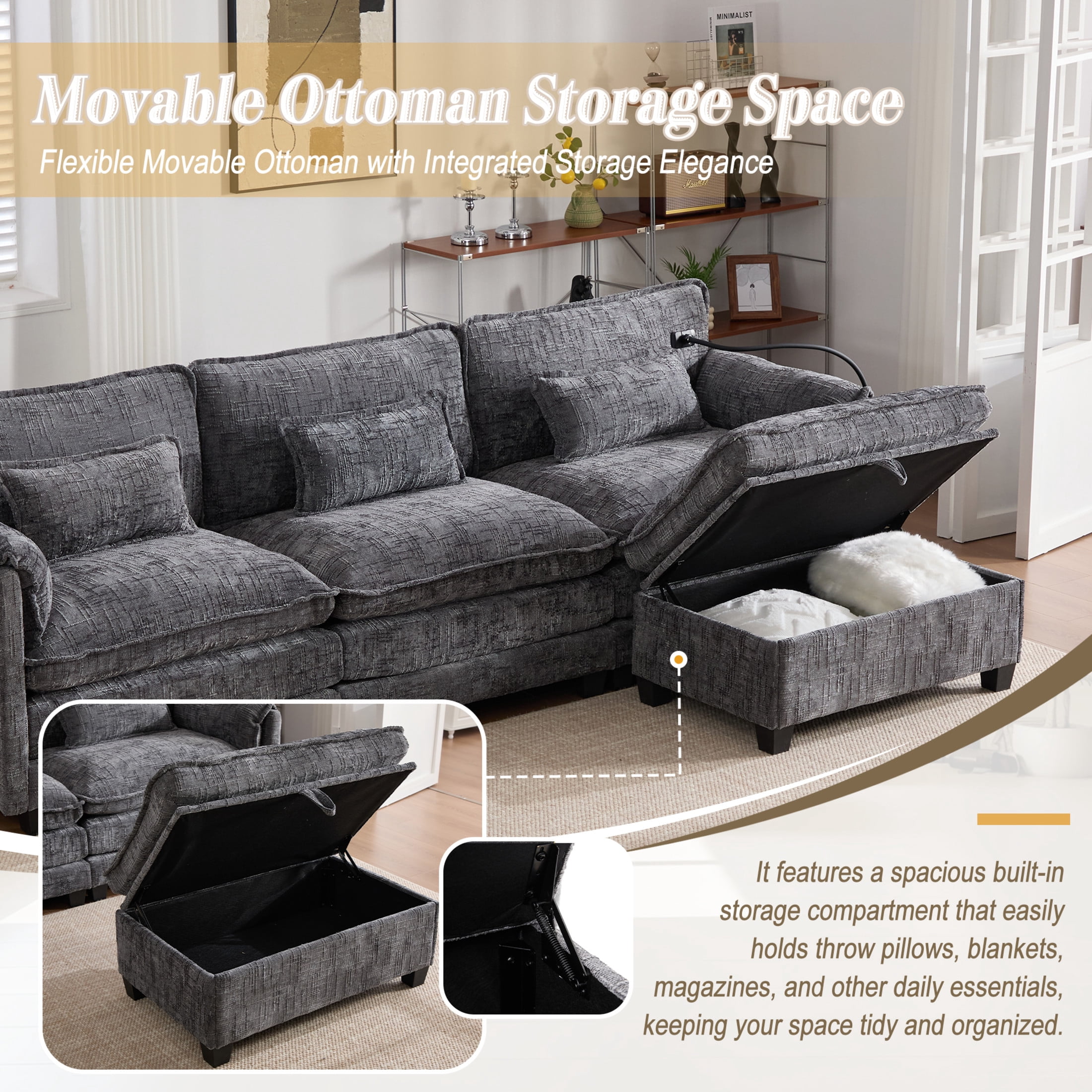 Noble House Modern 112" Oversized L-Shape Sectional Sofa, Chenille Cloud Couch with Modular Storage Ottoman, Gray