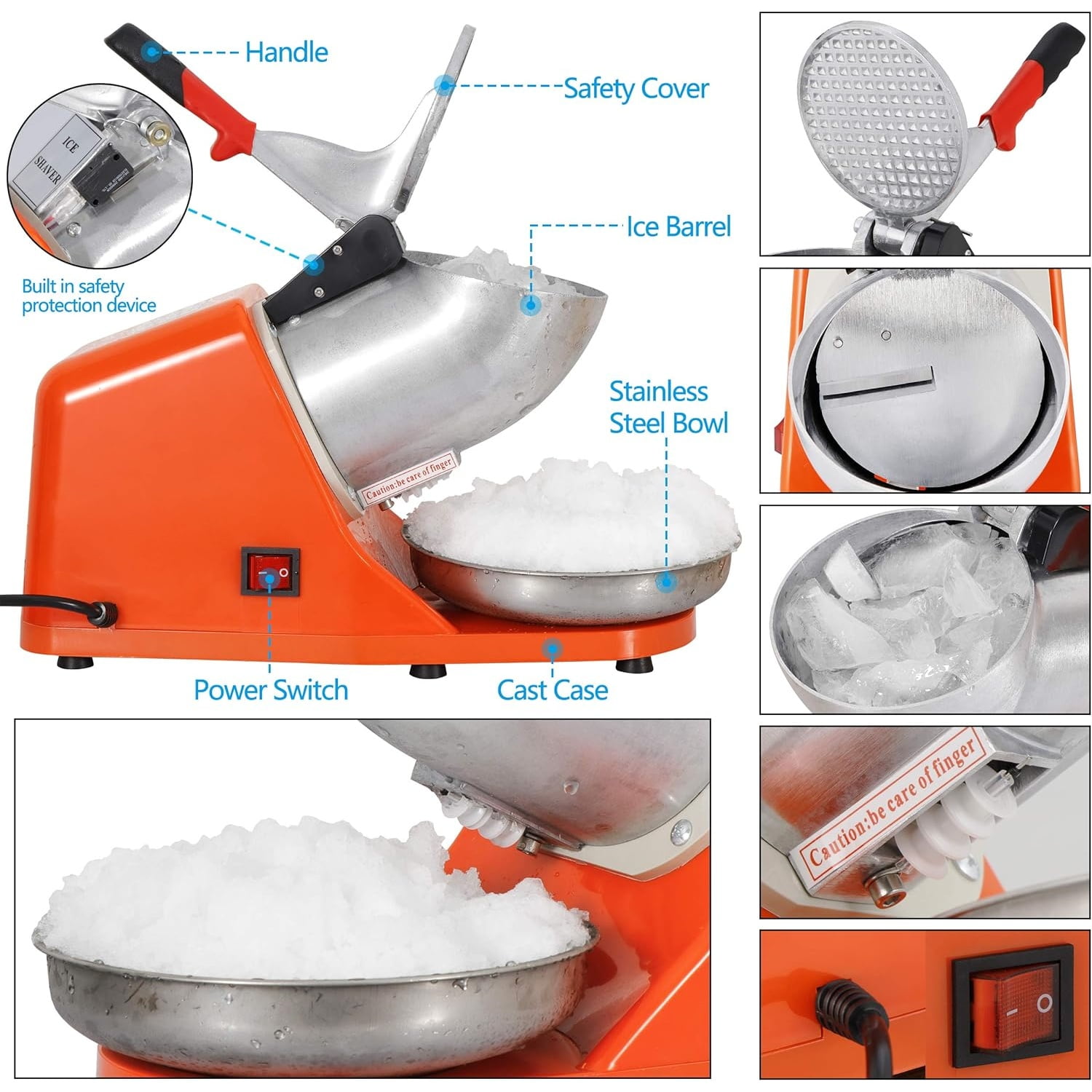 Electric Ice Crushers 300W 2000r/min w/Stainless Steel Blade Shaved Ice Snow Cone Maker Kitchen Machine (Orange)