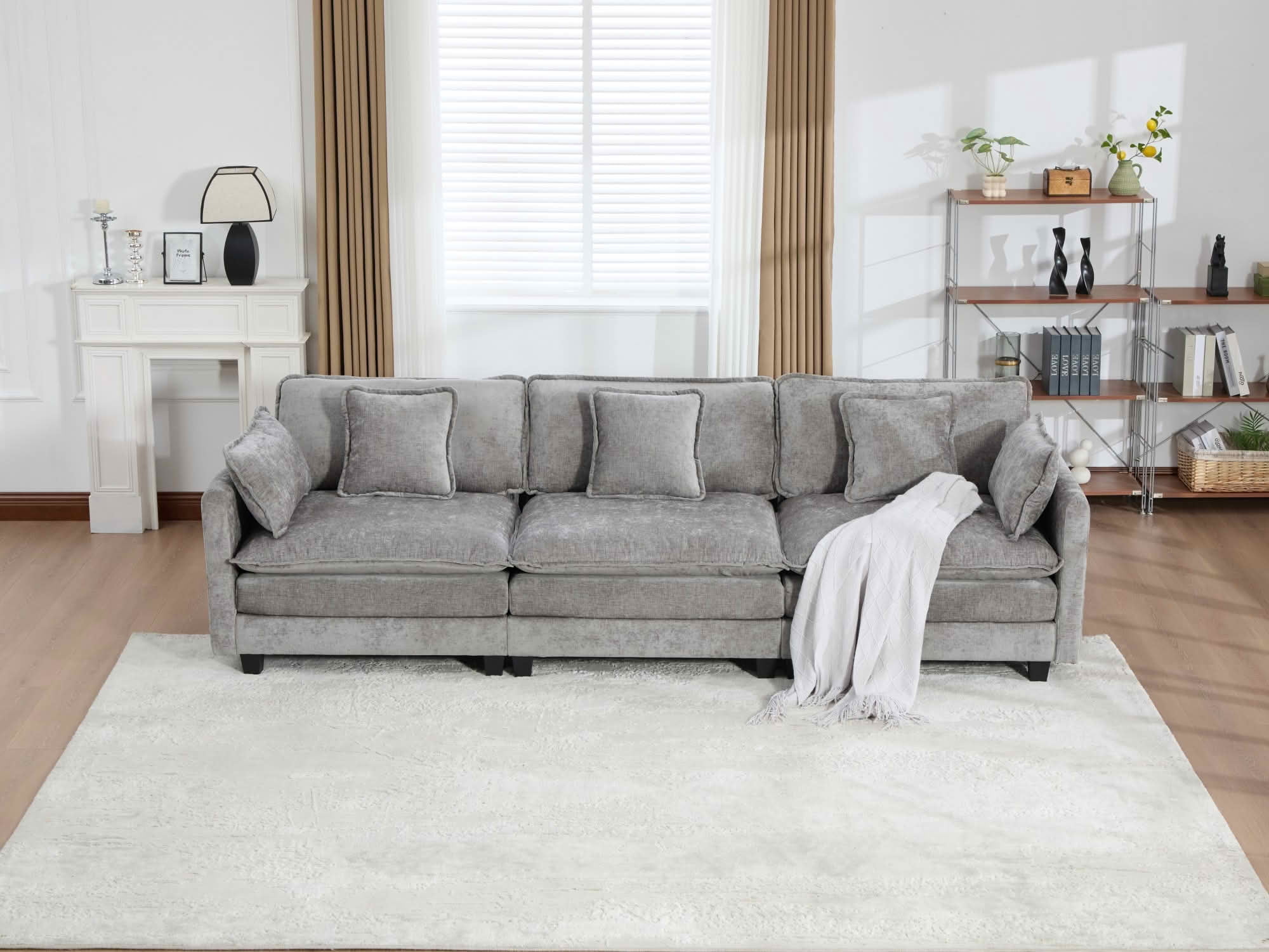 MAYEERTY 113.8 Inch Cloud 3‑Seater Modular Sectional Sofa, Chenille Couch with Double‑Layer Seat Cushion for Home Apartment, Ottoman Not Included