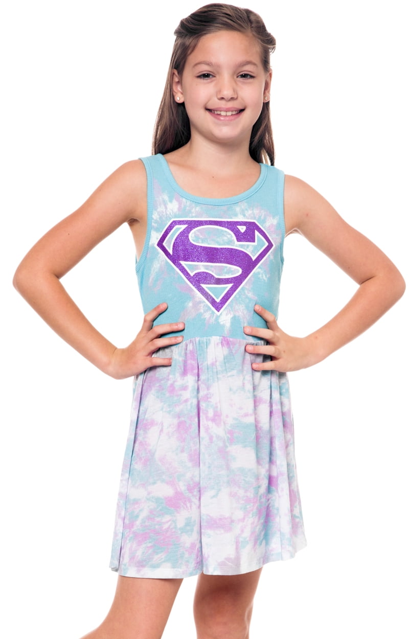 Girls Supergirl Logo Sleeveless Halloween Tank Costume Dress Blue Purple