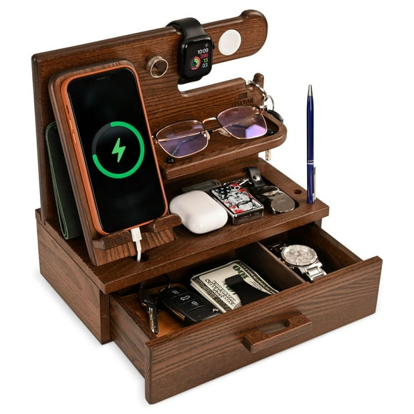 Base de conexión de teléfono TESLYAR de madera con cajón para mesita de noche