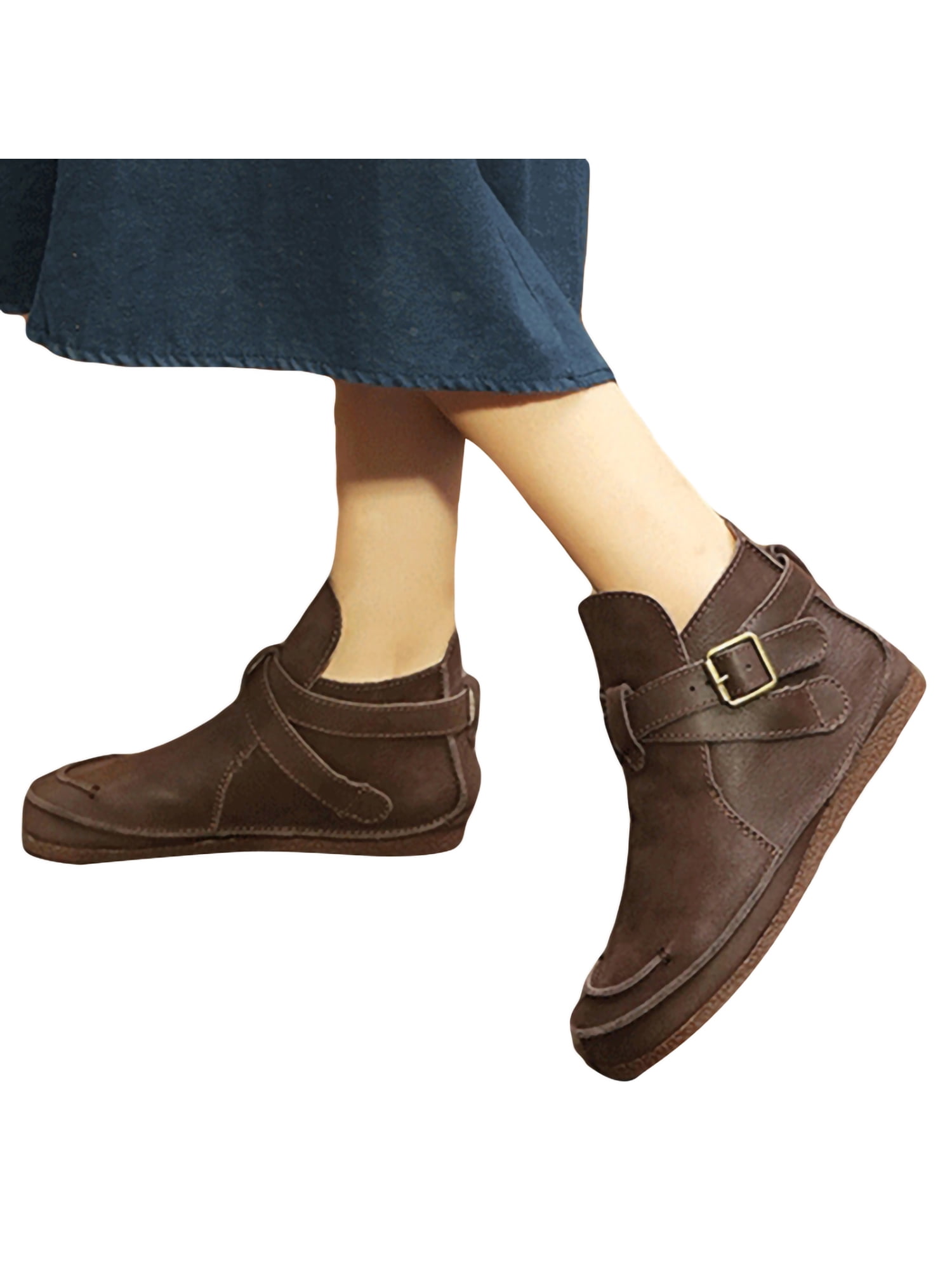 Oucaili Women's Ankle Boots Flat Low Heel Buckle Booties Winter Fall Fashion Shoes Dark Brown 4.5