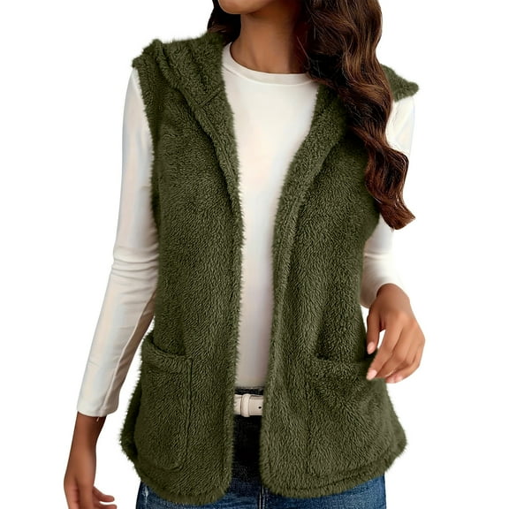 Rohuuque Women's Plush Fleece Jacket Vest Hooded Sleeveless Soft Open Front Cardigan Lightweight Fall Winter Outerwear with Pocket Olive Green
