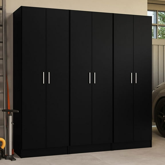 Madesa Garage Storage Cabinet Set 6 Doors 12 Utility Shelves 70"L Wooden Organization Unit for Garage and Tools 9 Adjustable Shelves Anti Tipping - Black