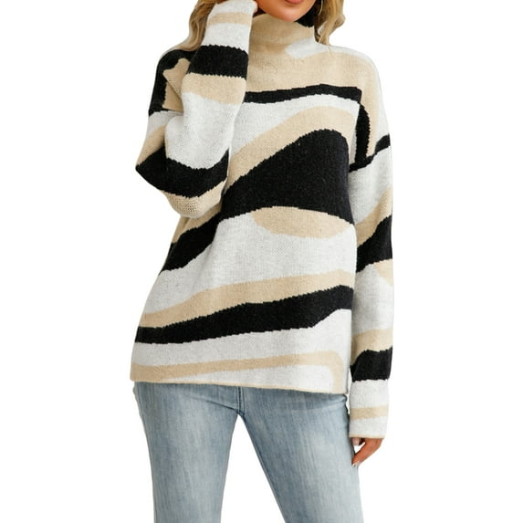 hirigin Womens Turtleneck Sweater Long Sleeve Asymmetric Striped Pullover Loose Knit Tops