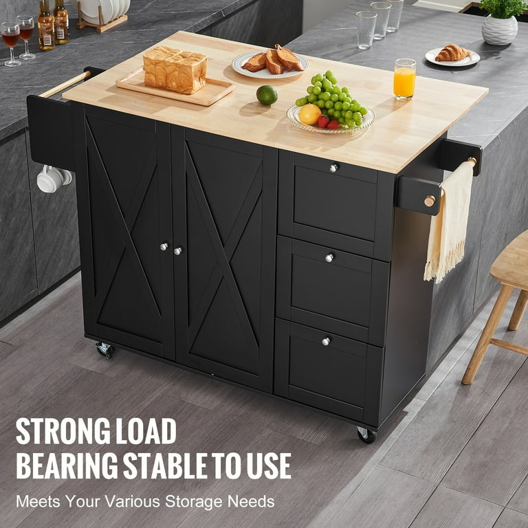 SKYSHALO Mobile Kitchen Island 56 Wooden Top Cart with Cabinet Storage Features Extendable Drop Leaf Spice Holder Towel Handle Flexible Shelf Drawer Hooks Movable Black Island on Casters Walmart
