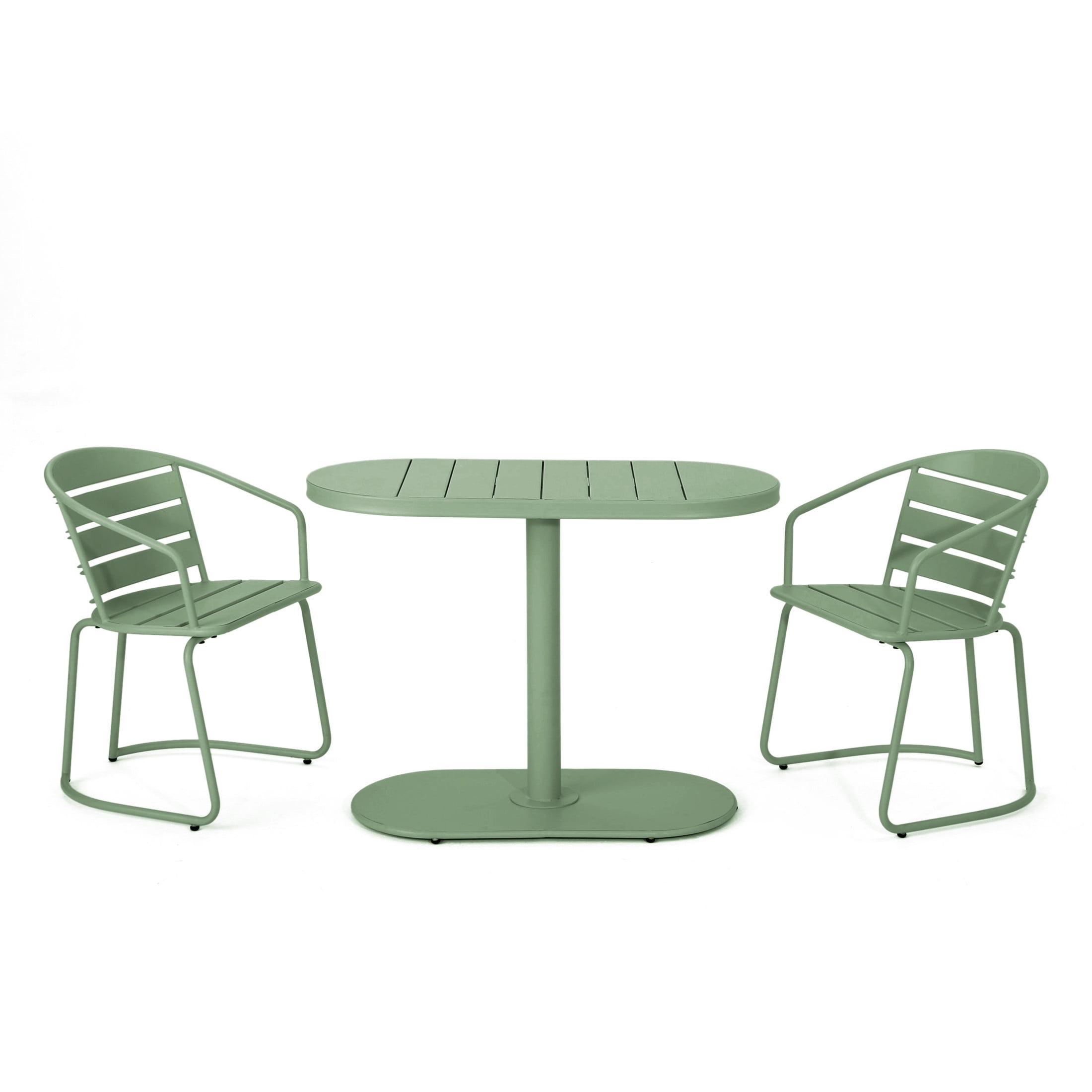 Christopher Knight Home Minimalist 3-Piece Outdoor Bistro Set, Oval Table & Slatted Chairs, Matte Dark Green