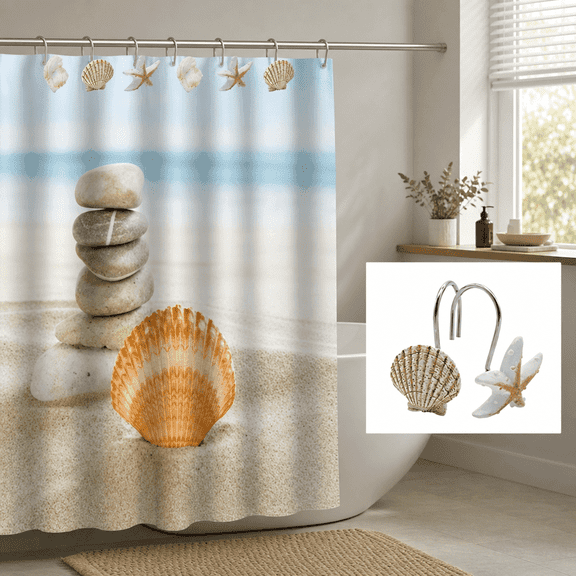 Cute Shower Curtain Hooks, Decorative Shower Curtain Hooks, Beach Theme Bathroom Decor, Seashell Bathroom Decor, 12 Pack Anti-Rust Metal C-Shaped Resin Seashell Starfish Shower Curtain Hooks
