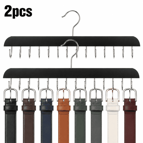 2 Pack Belt and Tie Hanger for Closet,28 Hooks Wooden Belt Holder for Closet,360 Degree Rotating Tie Organizer,Belt and Tie Rack Space Saving