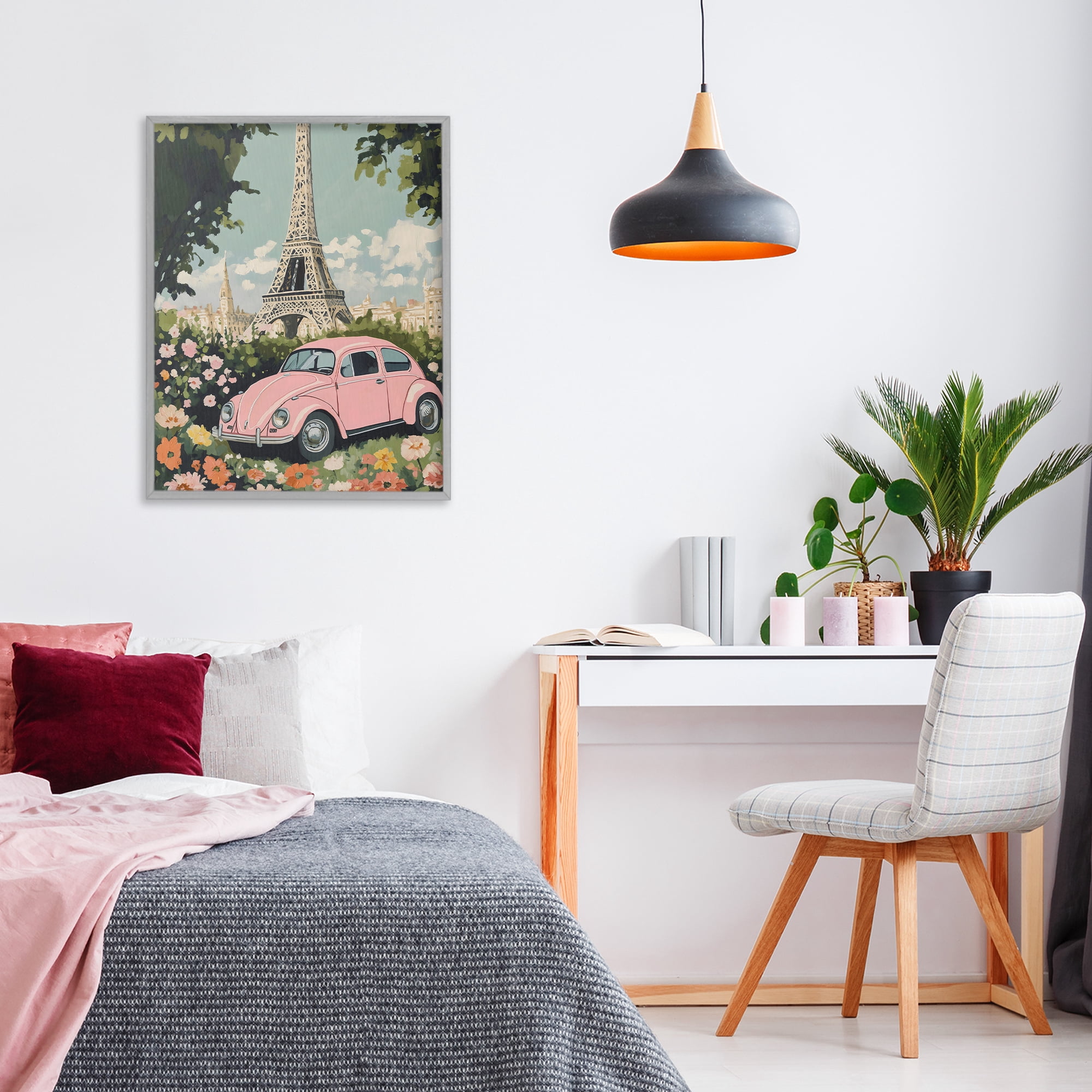 Stupell Industries Paris Pink Car in Bloom Gray Framed Giclee Art, design by The Prints Vibe