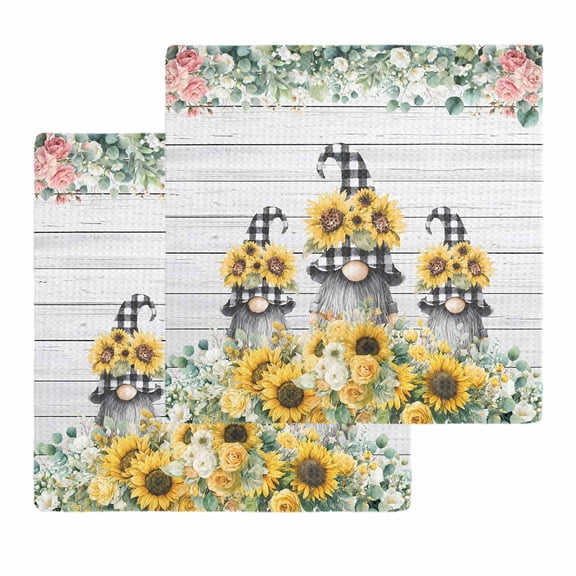 Sunflower Gnomes Kitchen Dish Towels for Drying Dishes Set of 2, Spring Eucalyptus Floral Gray Wooden Waffle Weave Microfiber Hand Tea Bathroom Towels Quick Dry & Absorbent Towel 12x12
