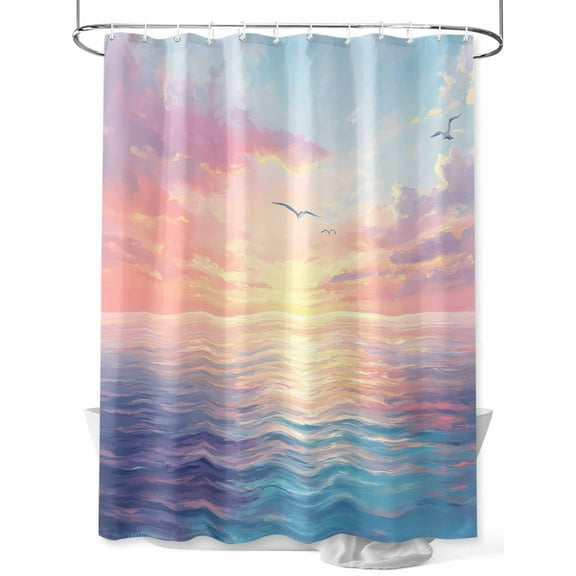 Coastal Shower Curtain, Ocean Sunset Seagull Bathroom Decor Curtains Set with Hooks, Blue Pink Orange Waterproof Fabric Home Accessories, Stall 36 X 78 Inch