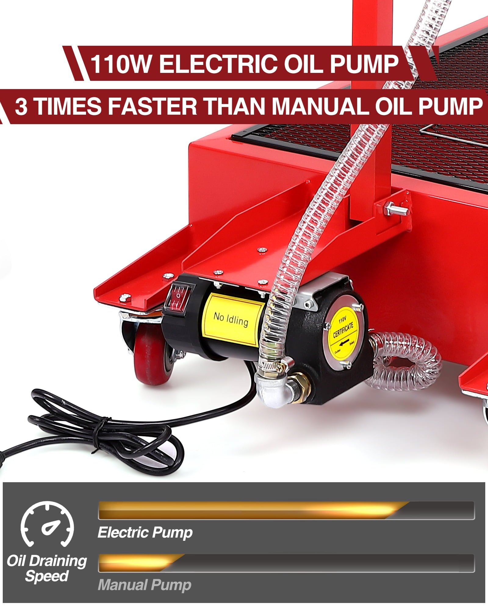 Telyswee 20 Gallon Electric Oil Drain Pan with 110V Pump & 7.2ft Hose, Low Profile & T Folding Handle Oil Drain Cart for Truck Cars SUVs, Red
