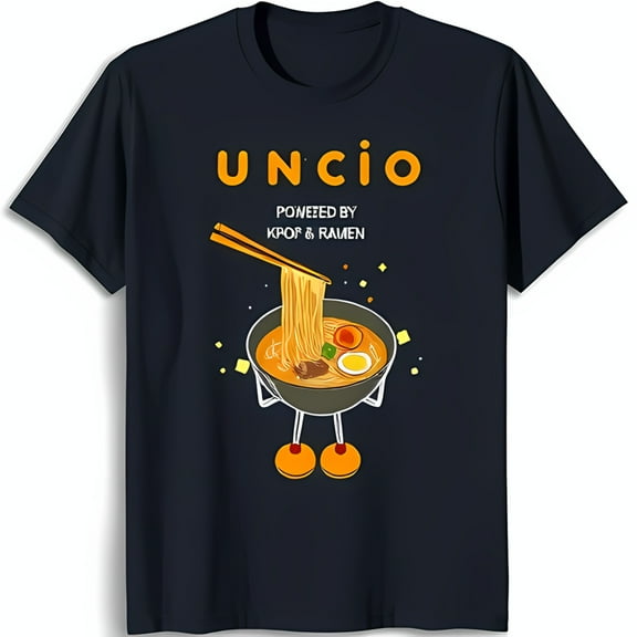 Dark Blue T-Shirt with Ramen Graphic & 'Powered by Kpop & Ramen' Text