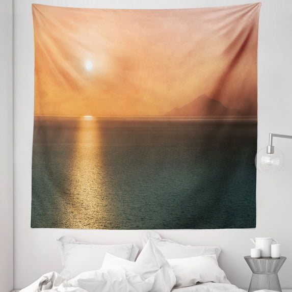 Nautical Tapestry, Sunrise over Ocean Burnt Horizon Reflection Seascape Coastal Theme, Fabric Wall Hanging Decor for Bedroom Living Room Dorm, 5 Sizes, Orange Blue, by Ambesonne