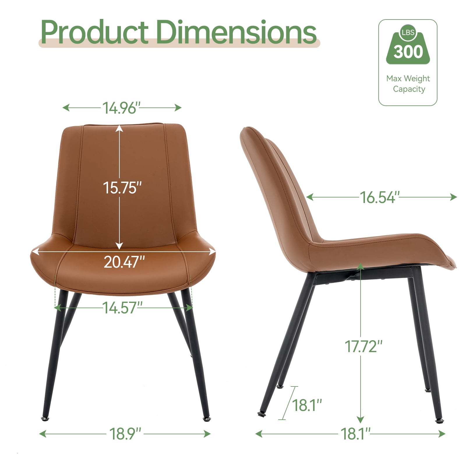 Modern Faux Leather Dining Chairs Set of 2, Upholstered Dining Side Chairs with Metal Legs, Comfort Backrest Chair For Kitchen Dining Room Cafe(Brown, Black Legs)