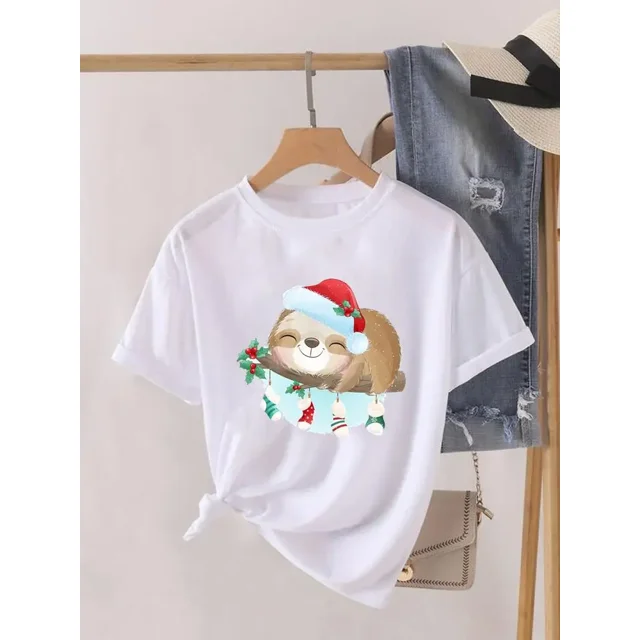 Camiseta estampada de manga corta para mujer, ropa de Navidad, moda de Año Nuevo, camiseta estampada