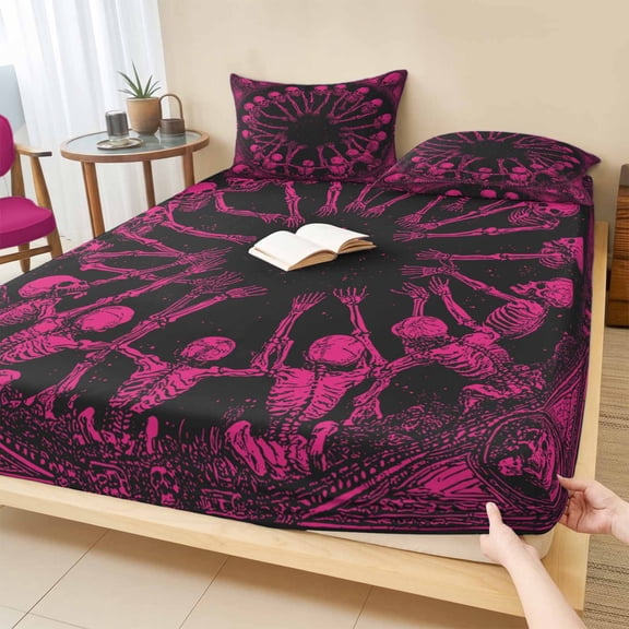 King Size Fitted Sheet Set - Halloween 3 Piece Bedding Sets 16" Deep Pocket Fitted Sheet with 2 Pillowcases, Vintage Skeleton Pink Fall Holiday Brushed Microfiber Hotel Luxury Bed Sheets