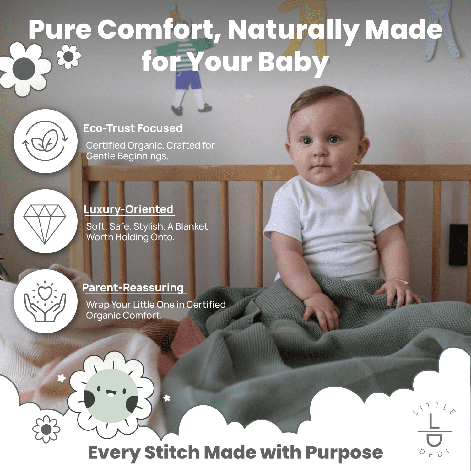 Little Dedi 100% Organic Cotton GOTS certified Baby Knitted Blanket with Gift Box - Soft Toddler, Crib, Stroller Blanket - Neutral Swaddle and Receiving Blanket for Newborns, 30"x40", Green