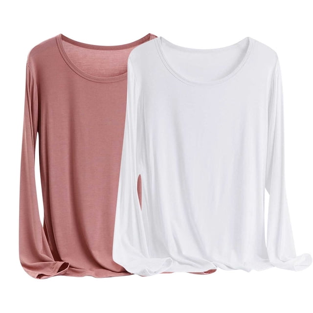 MeetoTime 2 Pcs Hauts à Manches Longues pour Femmes Basique Col Rond T-Shirt Doux Grande Taille T-Shirts Confortables X-6X