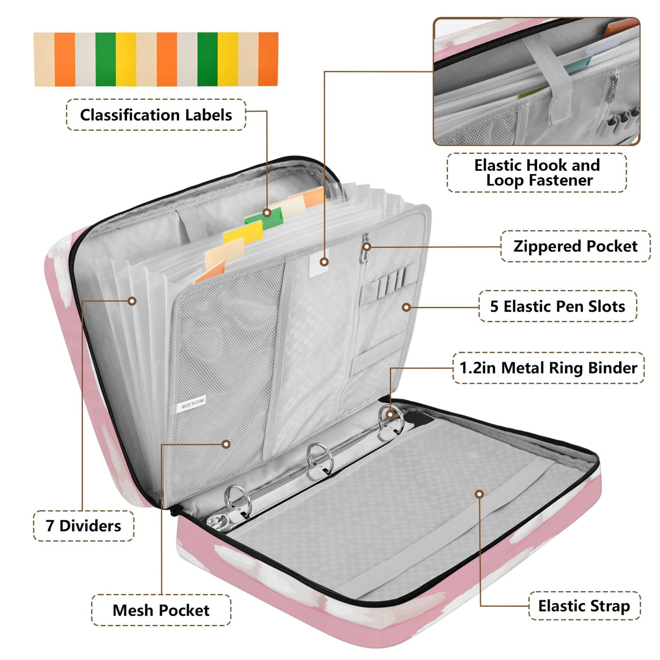 3 Ring Zipper Binder with Accordion File Organizer Waterproof Back to College Binder - 7 Layer Document Organizer for Study Home Office College Travel Supplies White Poodles