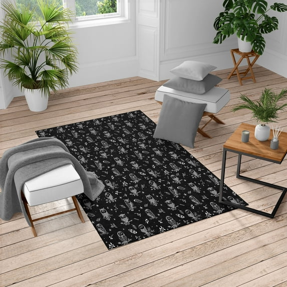 Owl Turkish Area Rug, Cartoon Style Illustration of Birds on the Branches Mysterious Woods Print, Soft Carpet for Living Room Decor with Distressed Look, 4' X 5.7', Black Dimgray, by Ambesonne