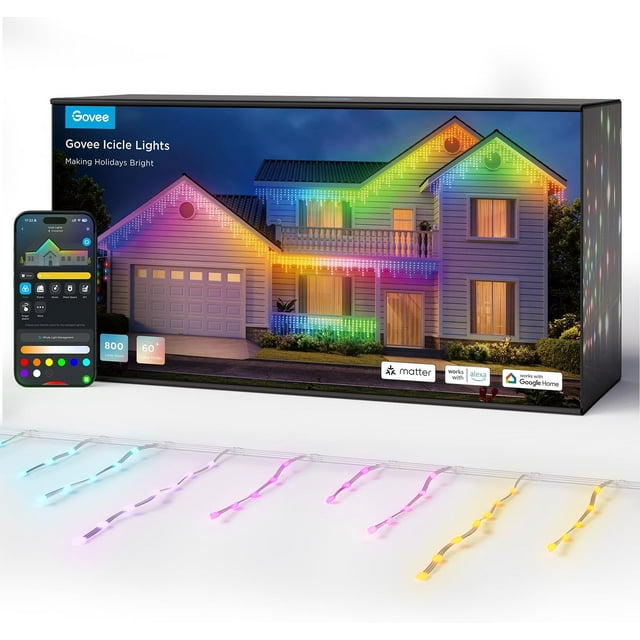 Govee 66ft Smart RGBIC Icicle Lights, 800 LEDs Outdoor Christmas Lights, Music Sync, Voice Control, IP65 Waterproof