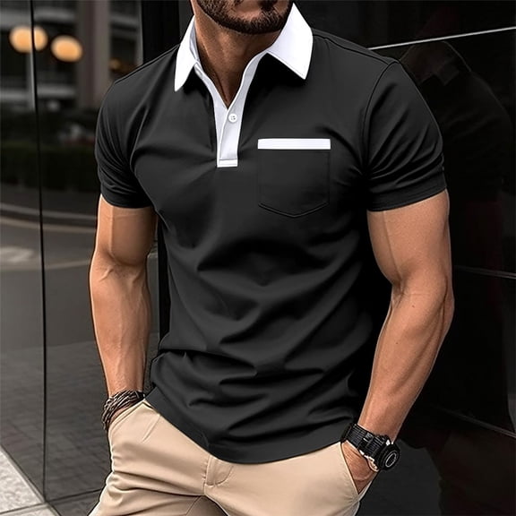 Golf Shirts for Men Color Block Pollover Men's Polo Shirts Short Sleeve Heathy Moisture Wicking Casual Collared Shirts Button Down with Pockets Polo T Shirts for Men