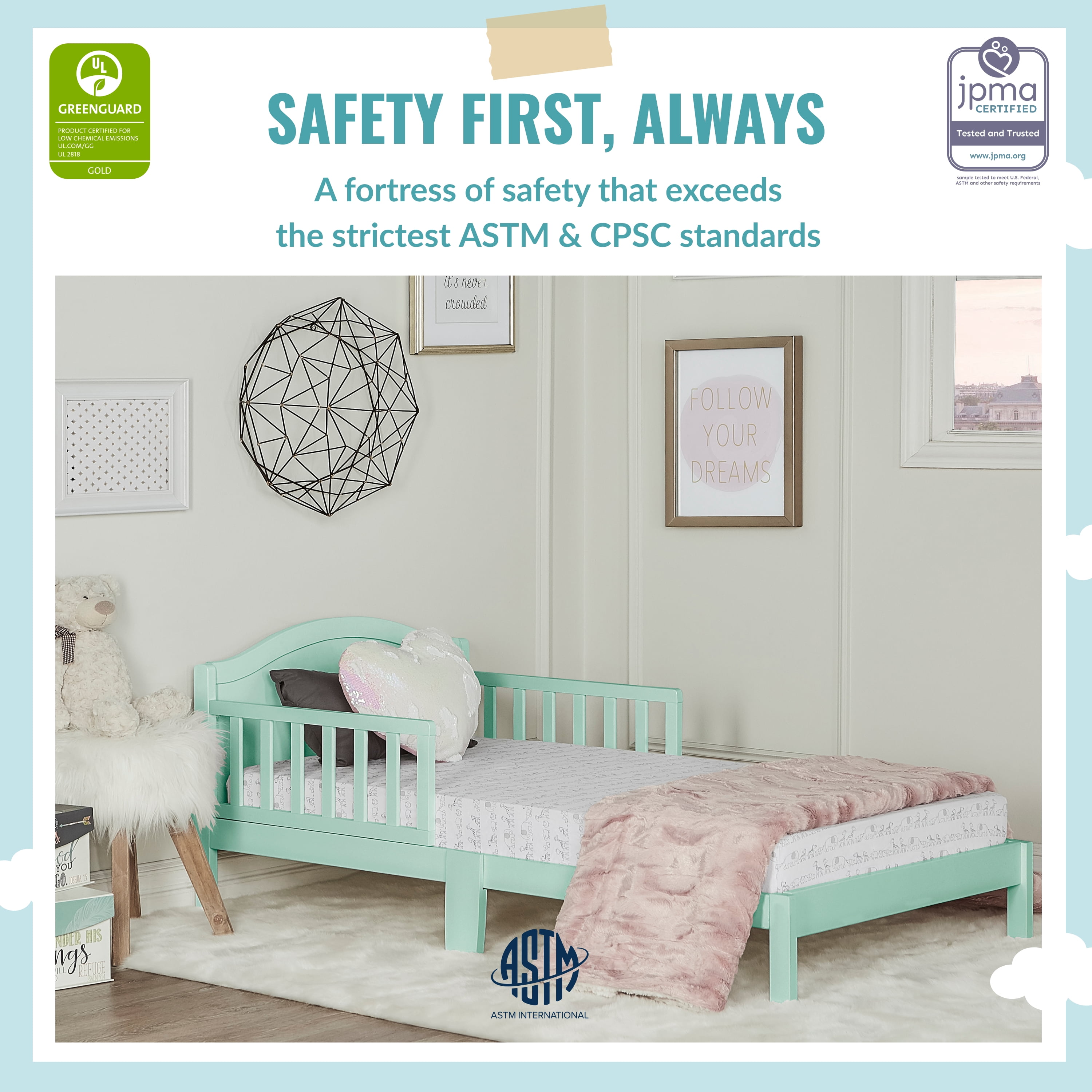 Dream On Me Sydney Kid's Twin Wooden Toddler Bed with Safety Rails, Mint Green
