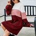 thumbnail image 4 of Vestido tipo suéter con bloques de color para mujer, cuello redondo, suelto, de moda, manga larga, vestido tipo suéter para uso diario, rojo vino XL, 4 of 7