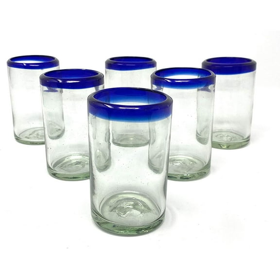 Hand Blown Mexican Drinking Glasses - Set of 6 Blue Rim Juice Glasses 8 oz