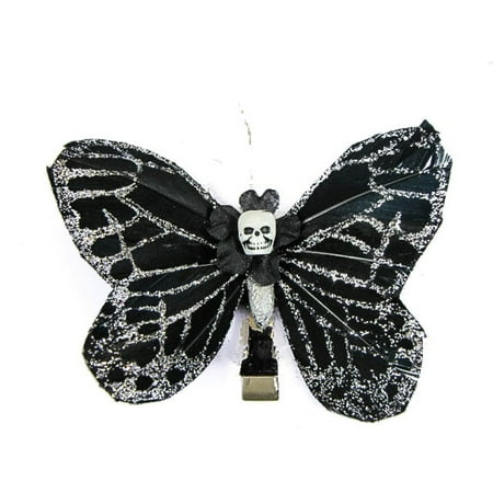 Hairy Scary Black & Silver Glitter Medium Kahlovera Skull Butterfly Feather Hair Clip