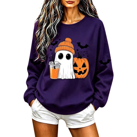 Sweatshirts for Women Halloween Long Sleeve Crew Neck Printed Top