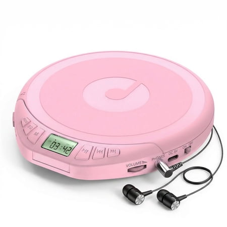Hotmuscd Portable CD Player with Earphones,CD Discman with Anti-Skip Shockproof Protection,Support PROG Memory Function for Car Home,Pink