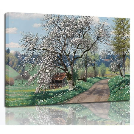 Vintage Spring Summer Nature EC36 Landscape Wall Art Flowering Country Road Landscape Painting European Farmhouse Field Prints Pink Flower Posters Pictures Home Canvas Wall Decor Framed (Spring