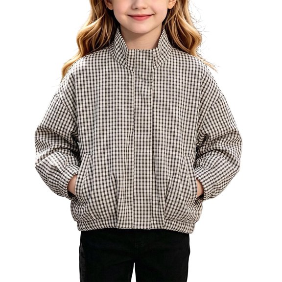 Toddler Kids Girls Gingham Plaid Jacket Long Sleeve Zip Up Lightweight Windproof Classic Outerwear 4-5 Years