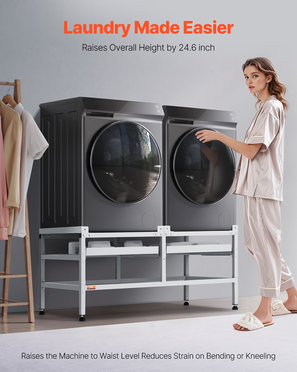 VEVOR Washing Machine Stand, 48.5x25-Inch Washer Laundry Pedestal, 590LBS Load Capacity Washer And Dryer Pedestal Base with Double Trays, 4 Adjustable Feet for Lifting Washing Machines, Carbon Steel