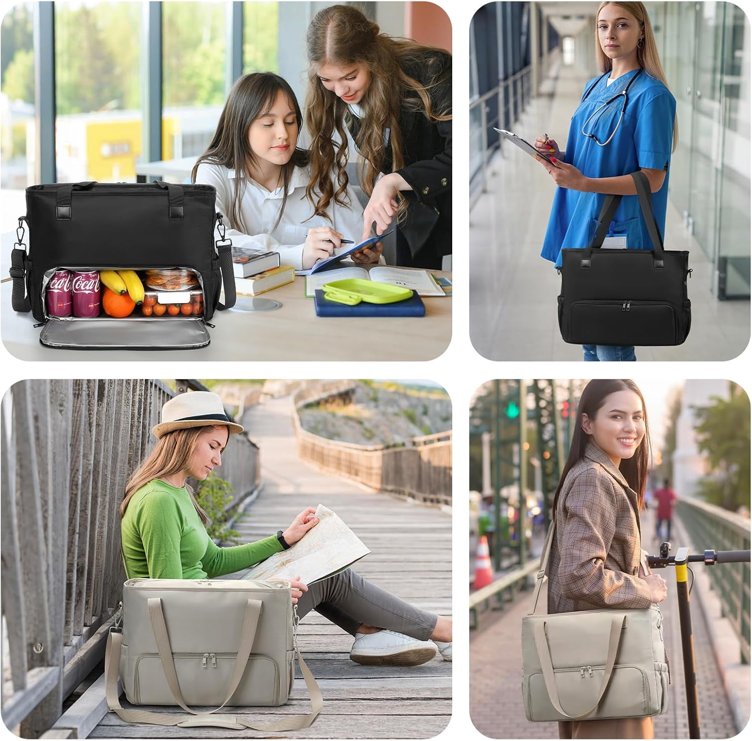 Mirlewaiy 2-in-1 Lunch & Laptop Tote Bag 15.6" Work Bags for Women Polyester Casual Teacher Nurse Bag Laptop Briefcase-Khaki