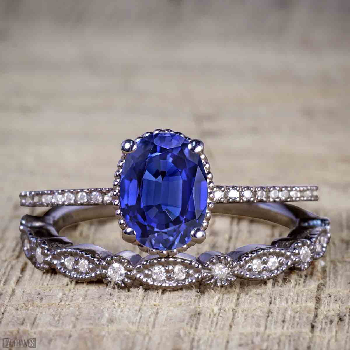 1.5 ct Oval Lab Created Blue Sapphire Wedding Ring - Vintage Design Trio  Bridal Ring Set - 18K Black Gold over Silver
