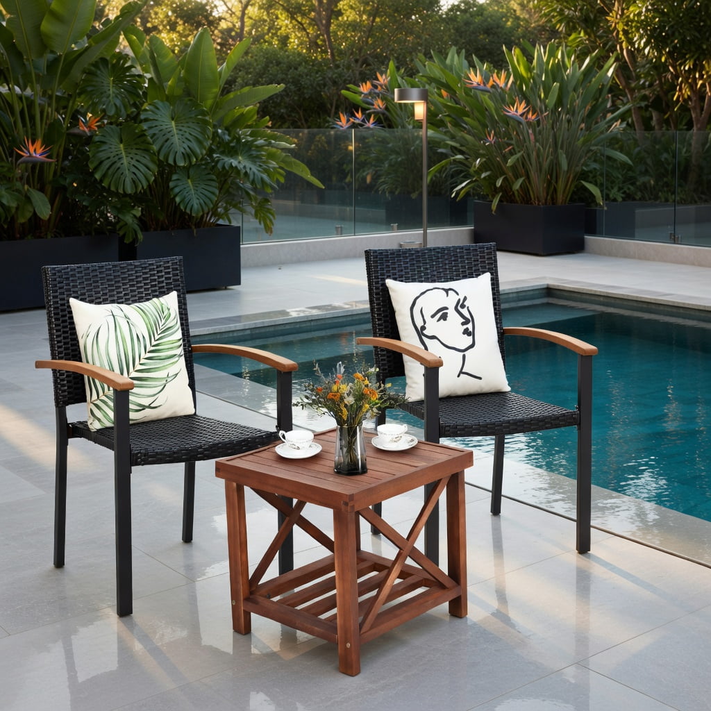 Hommoo Set of 4 Stackable Outdoor Patio Dining Chairs, PE Rattan Wicker with Powder-Coated Steel Frame & Acacia Wood Armrests, Rust-Resistant Backyard Seating, Black