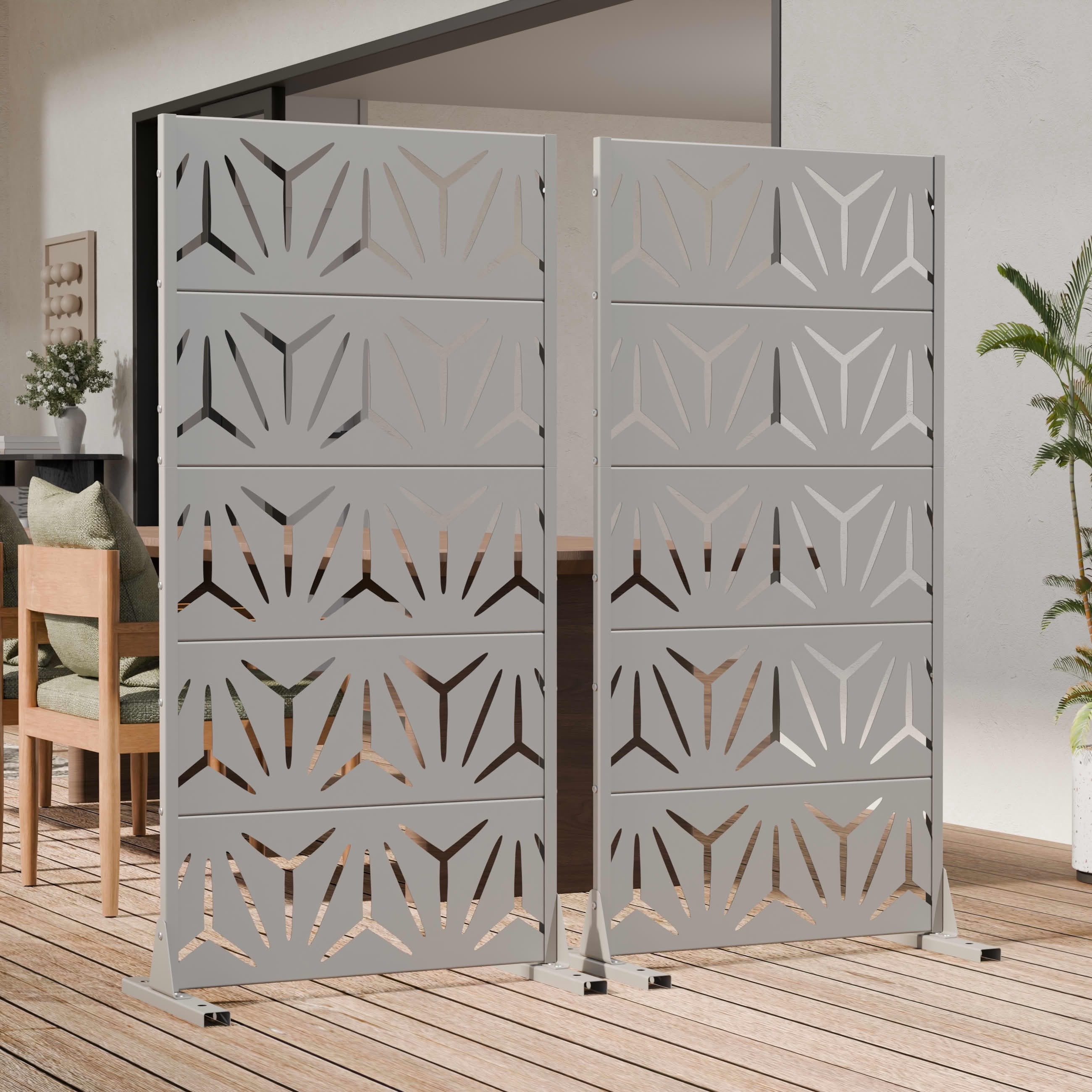 MAYEERTY Outdoor Metal Privacy Screen 5ft Gray, 5-Panel Geometric Y-Pattern Decorative Screen for Garden